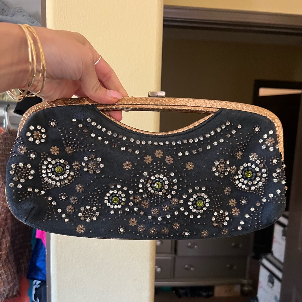 Race New York beaded embellished studded black suede leather evening bang clutch